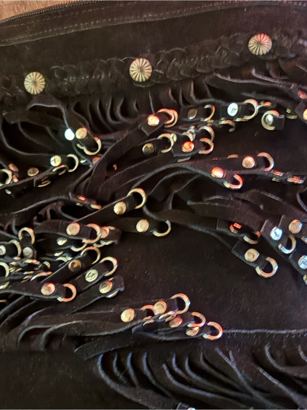 Fringed Black Leather Belt with Silver Stud Accents